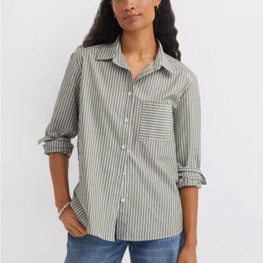 LOFT Black and White Striped Button-Up Shirt